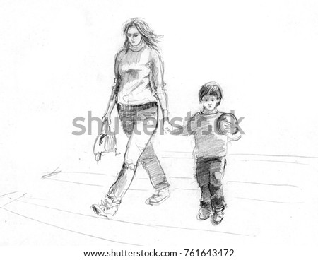 Pencil Drawing Mother Child Crossing Road Stock Illustration