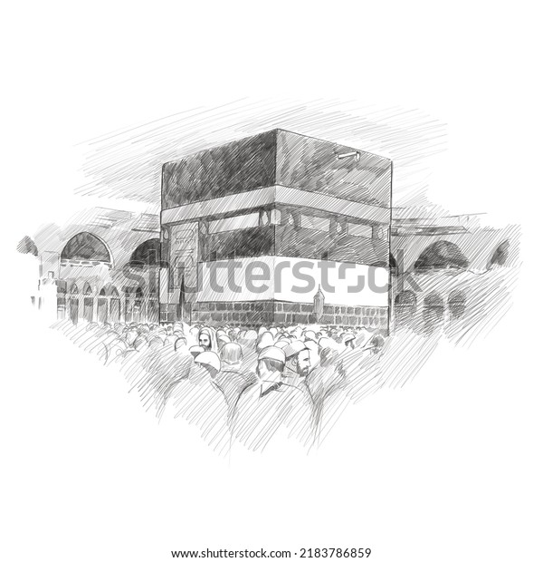 pencil\
drawing of muslims circumambulating the\
kaaba