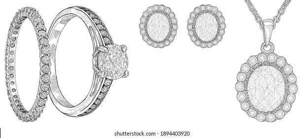 Pencil drawing of a necklace, earrings and ring with diamonds on a white background. Isolated sketch. Jewelry for the bride, wedding jewelry set. Texture background for creativity and advertising