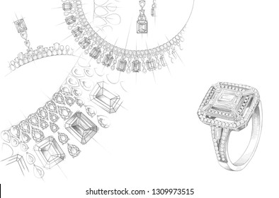 Pencil drawing of a necklace and a ring with precious stones on a white background. Isolated sketch. White background with hand painted diamond rings. Texture background for creativity and advertising