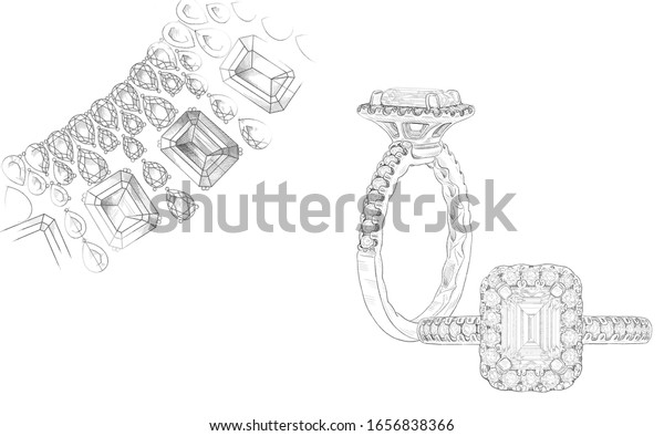 Pencil Drawing Necklace Ring Precious Stones Stock Illustration