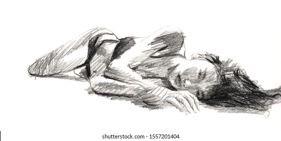 Pencil Drawing Of Nude Woman On White Paper. White Back Ground.Naked Girl Lying On The Floor.