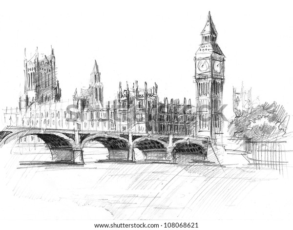 ウェストミンスター宮殿 国会議事堂 時計台の鉛筆画 のイラスト素材