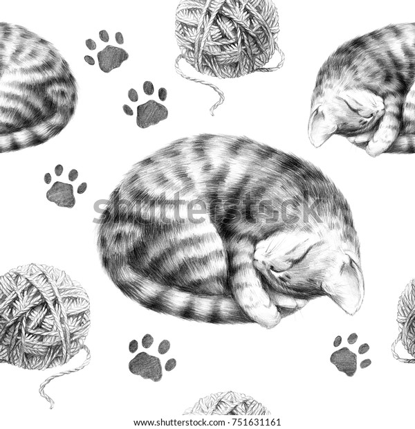 Pencil Drawing Pattern Sleeping Kitten Balls Stock