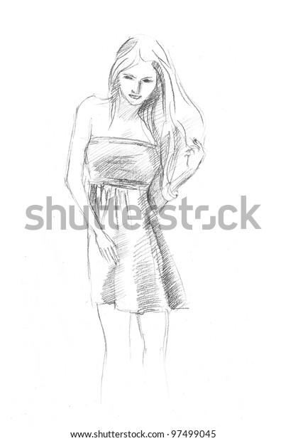 Pencil Drawing Pretty Woman Little Dress Stock Illustration