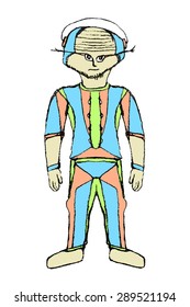 Pencil drawing raster illustration depicting futuristic alien astronaut man in pastel colors isolated in white background 
