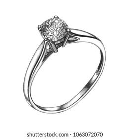 Pencil drawing of ring with diamond. Isolated sketch. Wedding jewelry illustration