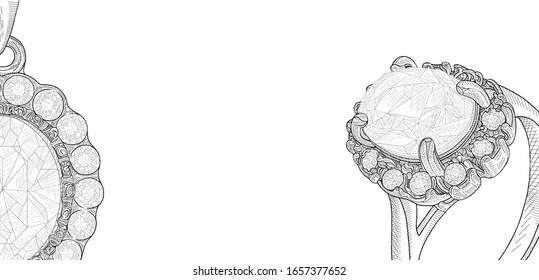Pencil drawing of a ring with precious stones on a white background. Isolated sketch. White background with hand painted diamond ring. Texture background for creativity and advertising