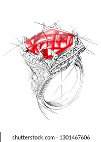 Pencil drawing of a ring with a red gem on a white background. Isolated sketch. Wedding decoration illustration. Jewelry theme. Jewelry business. Advertising poster or background to advertise jewelry.