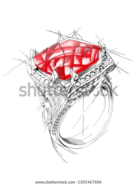 Pencil Drawing Ring Red Gem On Stock Illustration