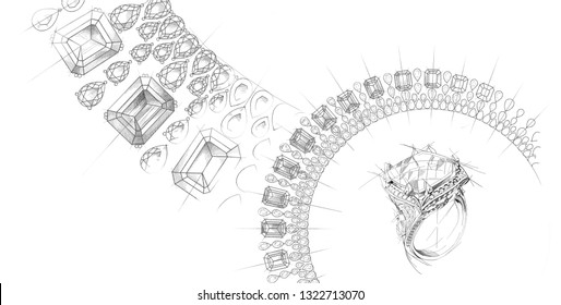 Pencil drawing of rings and necklaces with precious stones on a white background. Isolated sketch. White background with hand-painted rings with diamonds. Advertising material.