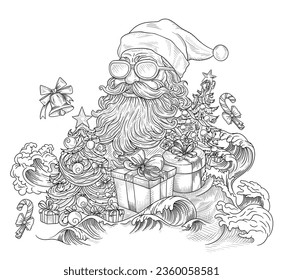 Pencil drawing of a Santa Claus on the beach. Christmas in July, summer, vacation, resort, warm climate theme for posters, greeting cards. White background with hand painted New Year's drawing. - Powered by Shutterstock