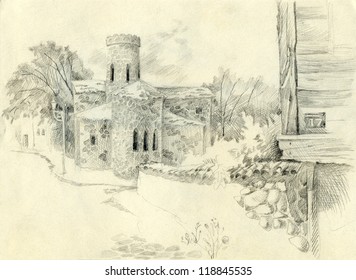 Pencil Drawing. A Sketch Of The Urban Landscape With The Old Stone Church At The Crossroads