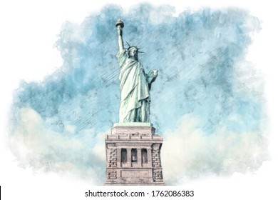 Pencil Drawing Style    Statue Liberty Against the Sky