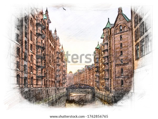 鉛筆の描画スタイル ハンブルグのレンガ造りの建物を持つ運河のビュー のイラスト素材