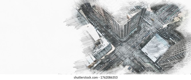 Pencil Drawing - Top View of a City with Two Crossroads