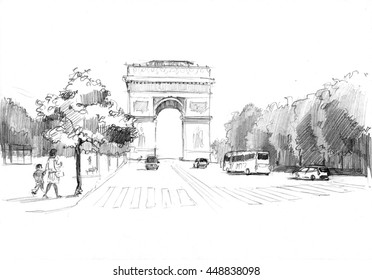 Pencil Drawing Of The Triumphal Arch And Avenue With Traffic And Pedestrians, Paris