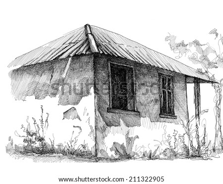 Pencil Drawing Village House Pencil Drawing Stock Illustration