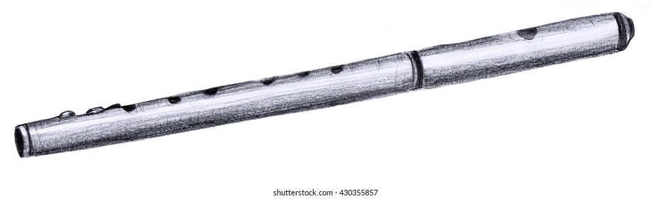 A Pencil Drawing Of A Vintage Fife (a Small, High-pitched, Transverse Flute, Similar To The Piccolo), Hand Painted On White Background