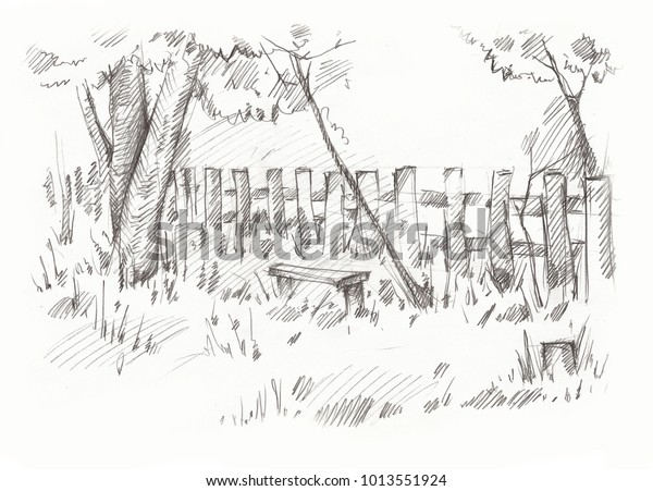 Pencil Drawing Yard Country House Bench Stock Illustration