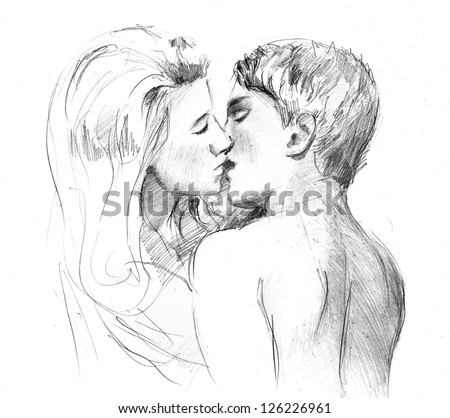 Pencil Drawing Young Kissing Lovers Stock Illustration Royalty