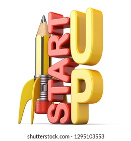 Pencil in the form of rocket with text START UP 3D render illustration isolated on white background