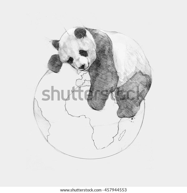 鉛筆のイラスト 手描きのグラフィック ヒッピーアースデイ パンダは地球上で眠る のイラスト素材