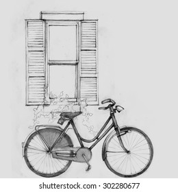 Pencil illustration, hand graphics - Old window and bicycle