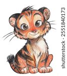 Pencil illustration of tiger cub in cartoon style for children isolated on white background