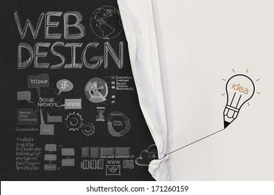 pencil lightbulb draw rope open wrinkled paper show web design hand drawn icons as concept