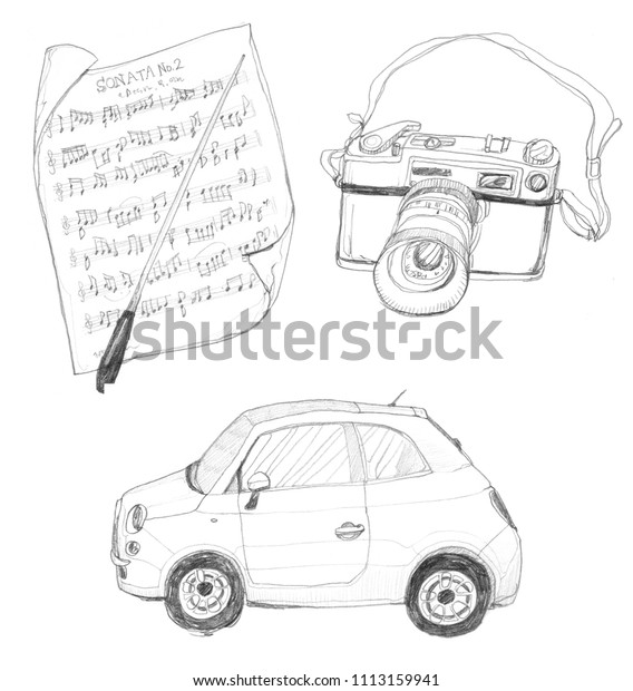 pencil line music and camera, car, sketch set\
isolated on white\
background.