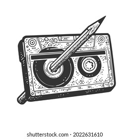 Pencil rewinds Compact Cassette tape sketch engraving raster illustration. T-shirt apparel print design. Scratch board imitation. Black and white hand drawn image.