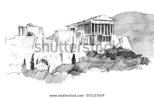 ギリシャのアクロポリス遺跡の鉛筆スケッチ のイラスト素材