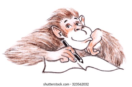 Pencil sketch brown monkey  Hand drawing animal illustration  Funny chimpanzee and book   pen    symbol the new year 