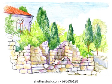 Pencil sketch city landscape  Ruins ancient Chersonese Taurida  Drawing and colored crayons  Hatching  Sevastopol  Crimea  Beautiful illustration for the cover sketchbook 