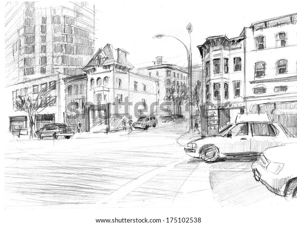 アメリカの大都市の交差点の鉛筆スケッチ のイラスト素材