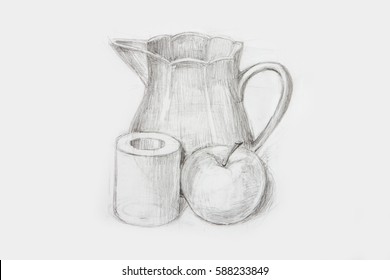 pencil sketch drawing  still life apple training   carafe  drawing lessons   painting  texture pattern