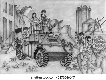 Pencil Sketch Illustration In Black And White Showing Several Soldiers Fighting With War Cars