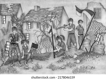 Pencil Sketch Illustration In Black And White Showing Several Soldiers Fighting Among The Ruins Of The House