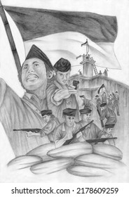 Pencil Sketch Illustration In Black And White Of National Hero With His Soldiers