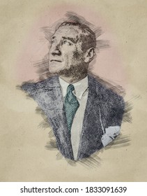 Pencil Sketch Portrait Illustration Of Mustafa Kemal Ataturk