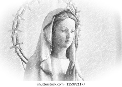 pencil sketch with vignette of the Blessed Virgin Mary