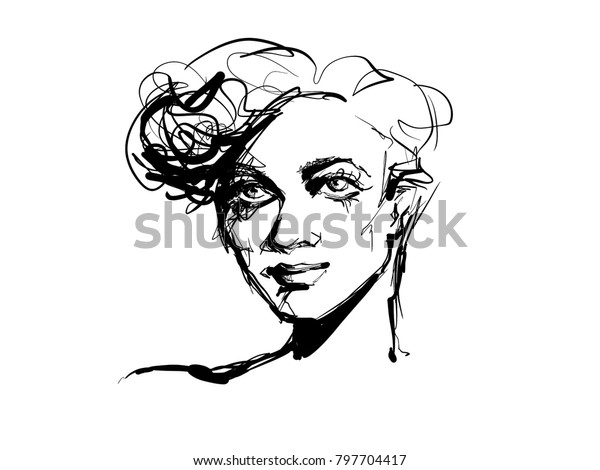 Pencil Sketch Woman Portrait Short Hair Stock Illustration