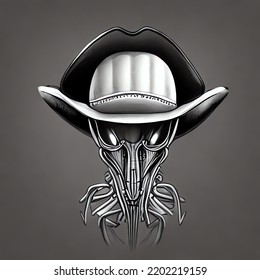 boceto a lápiz de un extraterrestre xenomorfo con sombrero de vaquero