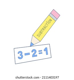 A Pencil, Subtraction Word And Basic Math Example Exercise For Kids On A Board. Illustration Isolated On White Background