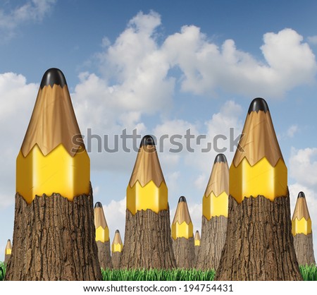 Pencil tree concept as a group of cut forest trees exposing school pencils inside as a symbol of education and creative hope or future creativity growth through a connected social network.