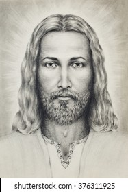 pencils drawing of Jesus on vintage paper, with ornament on clothing. eye contact.