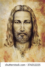 pencils drawing of Jesus on vintage paper. with ornament on clothing. Old sepia structure paper. Eye contact. Spiritual concept.