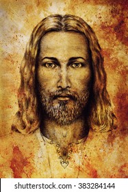 pencils drawing of Jesus on vintage paper. with ornament on clothing. Old sepia structure paper. Eye contact. Spiritual concept.