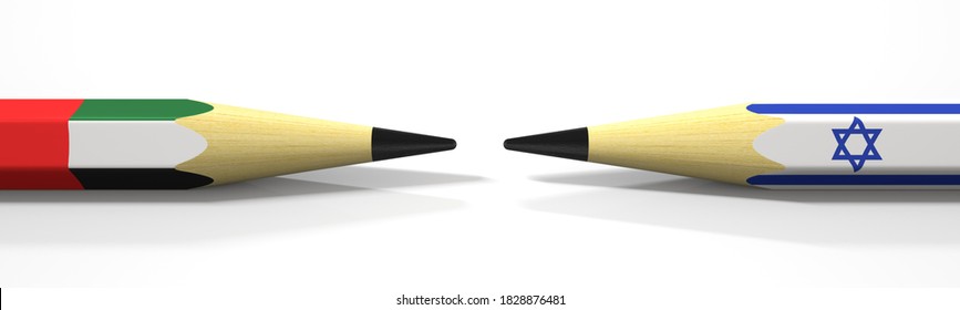 Pencils with flags of the uae and israel. political conflict concept.  3D rendering
